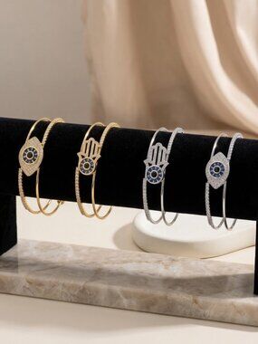 HAMSA or EVIL EYE Rhinestone and Silver or Gold Dipped Cuff Bracelet New